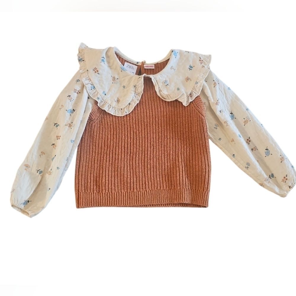 Zara Rust Knit Top with Cream Floral Collar & ZARA JEANS. LIKE NEW! - Picture 4 of 8